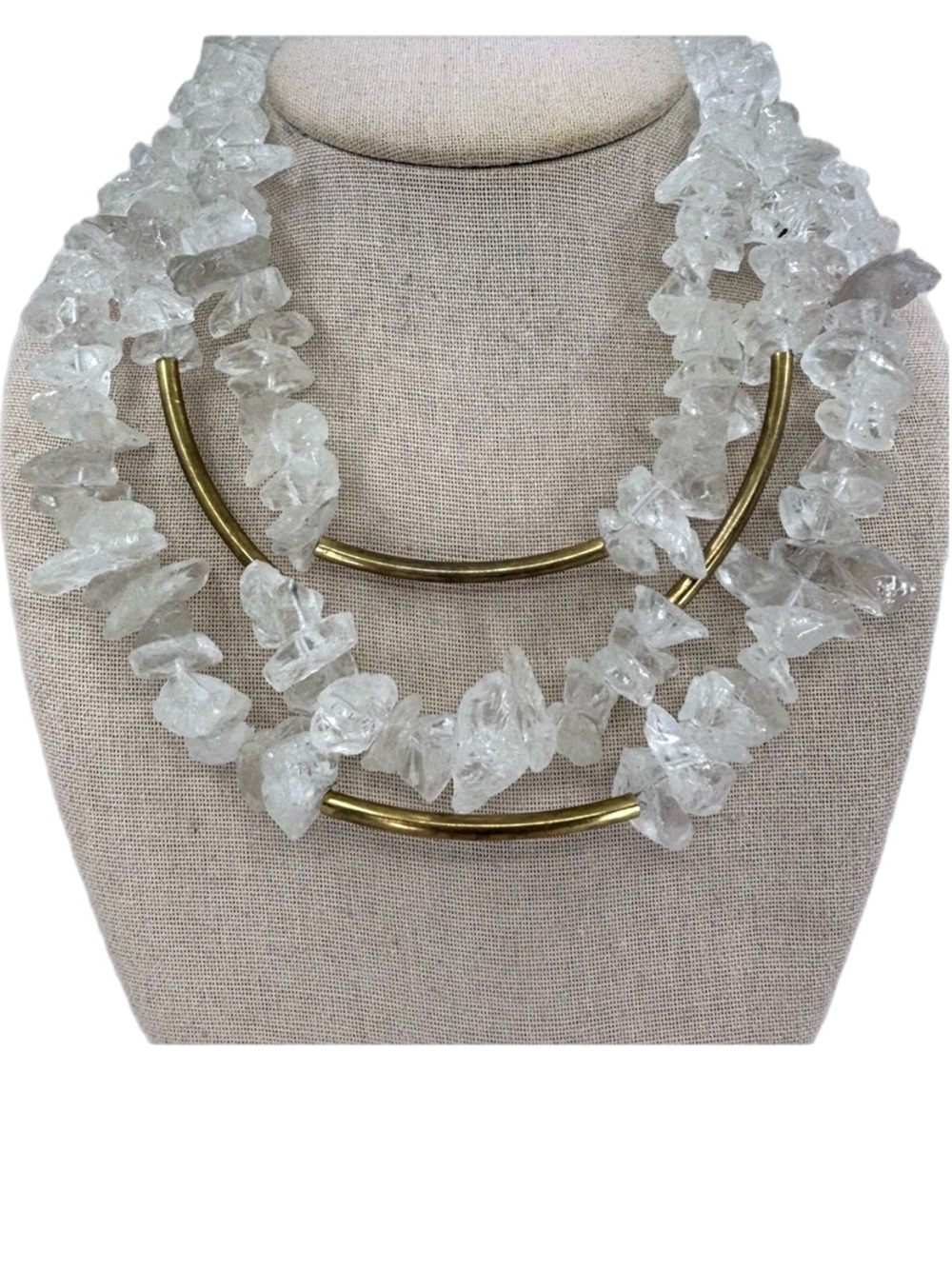 Clear Quartz Chunky Crystal and Gold Tone Accent Multi Strand Statement Necklace